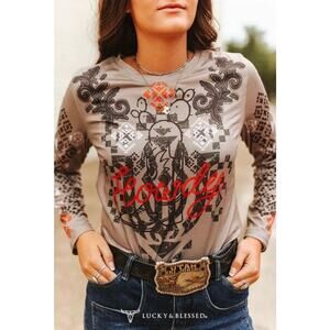 NEW Lucky & Blessed Mocha Aztec Howdy Western Printed Long Sleeve T-Shirt Small
